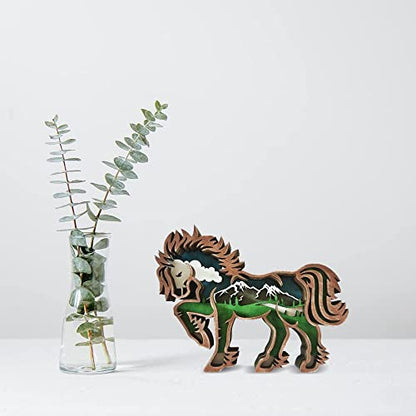 iDOTODO Horse and Mountains Layered Wooden Carved Ornament with Lights, Forest Animal Multi-Layered 3D Decor