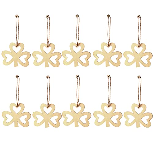 Amosfun Wooden Shamrock Cutouts Wooden Ornaments Hanging Ornaments with Ropes for Embellishments, Wedding, DIY, Craft, Festival 10pcs
