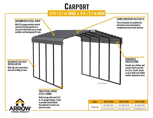 Arrow Carports Galvanized Steel Carport, Full-Size Metal Carport Kit, 12' x 20' x 9', Charcoal Arrow Shed