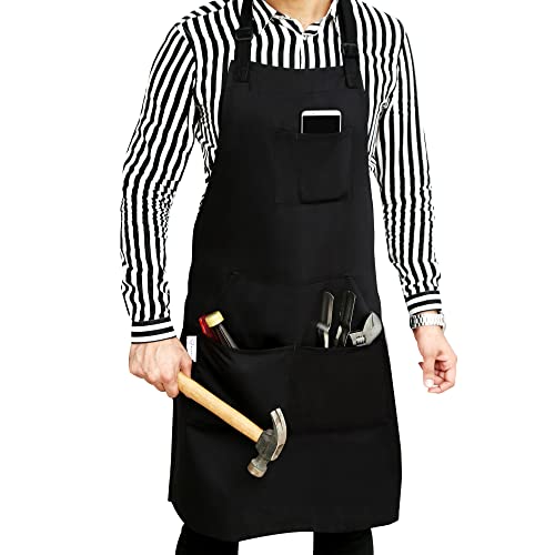 RUVANTI Work Aprons for Men/Women with Pockets - Adjustable up to XXL - Professional Grade Durability - Black Apron for Barber, Chef, BBQ, Kitchen, RUVANTI