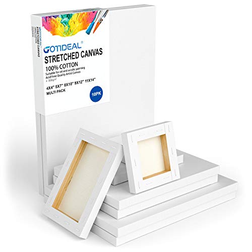 GOTIDEAL Stretched Canvas, Multi Pack 4x4", 5x7", 8x10",9x12", 11x14" Set of 10, Primed White - 100% Cotton Artist Canvas Boards for Painting, GOTIDEAL
