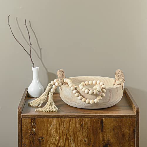 Paulownia Wood Bowl Rustic Wooden Dough Bowl for Decor Decorative Round Serving Key Bowl with Rope Handle and Wood Bead Garland for Christmas AllReal