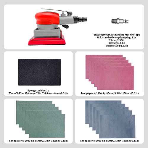 DATOUBOSS Pneumatic Palm Sander Square Air Random Orbital Sander for Car Waxing,Auto Body Work, Wood working Car Polisher Sets with Sanding Pad and DATOUBOSS