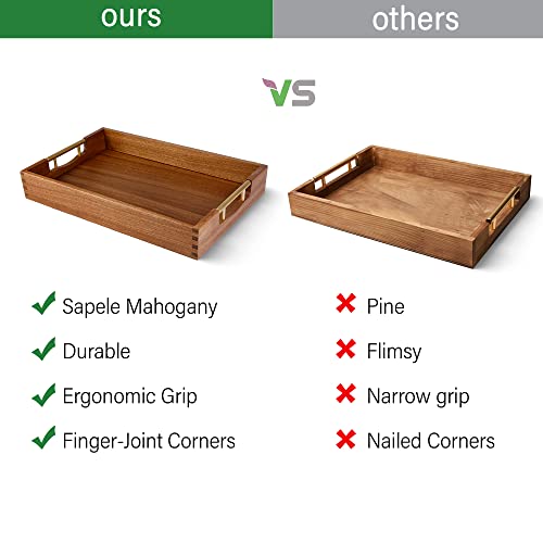 LotFancy Wood Serving Tray, 17x13”, Sapele Mahogany Large Food Tray with Gold Handles, Decorative Wooden Tray for Living Room, Ottoman, Coffee Table, LotFancy
