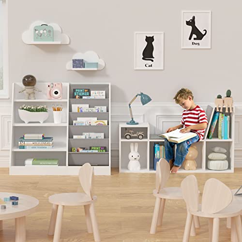White 4-Tier Kids Wooden Bookshelf with Five Sling Pockets for Toys and Books Storage HedoAjim
