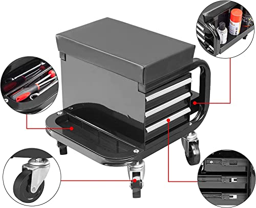 HPDMC Mechanic Stool with Wheels, 350lbs Capacity Workshop Creeper Seat with Tool Storage, Heavy Duty Rolling Tool Box Chair with Drawers HPDMC