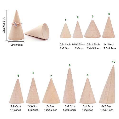FINGERINSPIRE 10 Pcs Natural Wood Cone Ring Holders Wooden Ring Display Stands with 10 Different Size Unpainted Wooden Cones Jewelry Display DIY FINGERINSPIRE