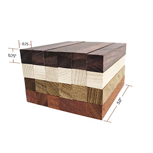 Exotic Wood Pen Blanks 24-Pack: Bloodwood, Mexican Ebony, Jatoba, Hard Maple, 6 of Each Wood Type, 5 x 3/4 x 3/4 inches Earlywood