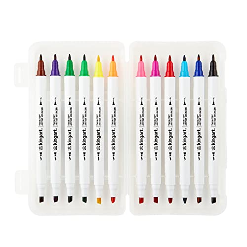 KINGART Studio Twin-Tip™ Permanent Alcohol-Based Sketch Markers, Storage/Travel Case, Set of 12 Unique Colors KINGART