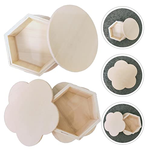 VOSAREA 2Pcs Wooden Storage Boxes Unfinished Hexagon Shaped Jewelry Box with Flower Lid Vintage Trinket Box Key Holder Container Case Jar for Earring VOSAREA