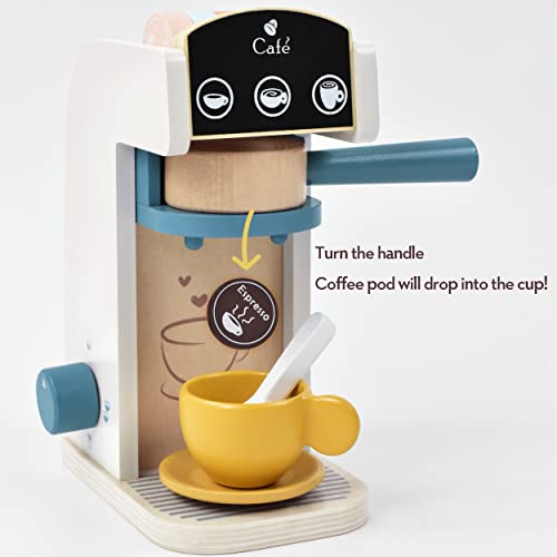 PairPear Kids Wooden Toys Coffee Maker Toy Espresso Machine Playset - Toddler Play Kitchen Accessories Gift for Girls and Boys PairPear