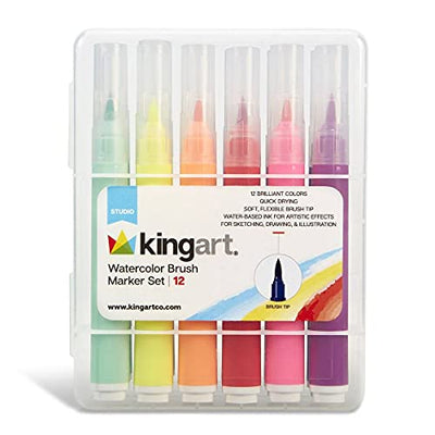 KINGART 405-12 Brush Tip Watercolor Illustration Markers With Case, 12 Colors, Wide Barrel for Easy Hold, Water-based Non-Toxic Ink, Soft Flexible