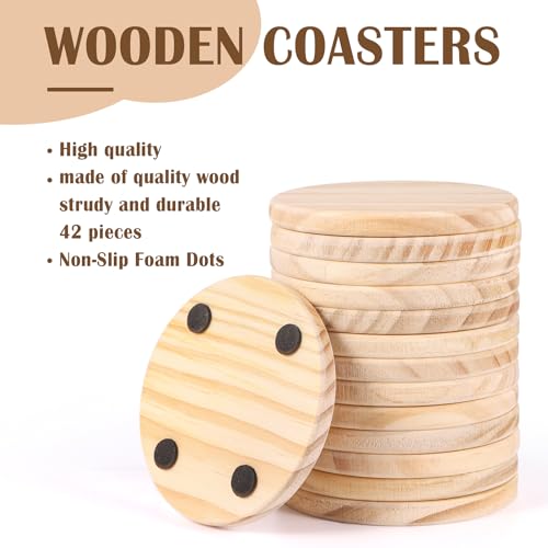 42 Pieces Unfinished Wood Coasters, 4 Inch Round Blank Wooden Coasters for Crafts with Non-Slip Silicon Dots for DIY Stained Painting Wood Engraving Aweyka