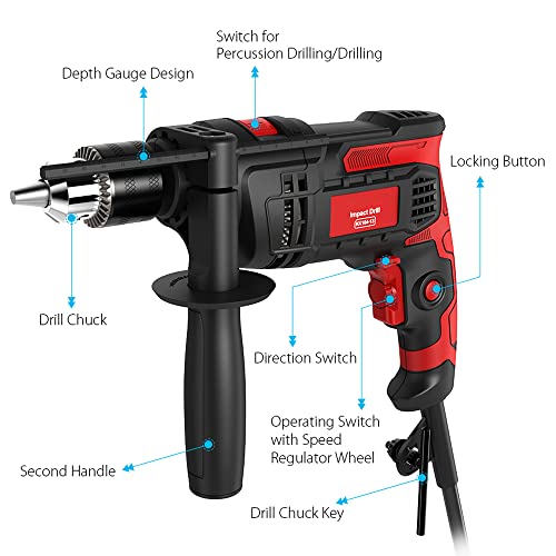 Hammer Drill 850W Impact Drill 1/2-Inch 7 Amp Corded Drill with Variable Speed 0-3000RPM, Hammer and Drill 2 Functions in 1 for Steel, Concrete, Vistreck