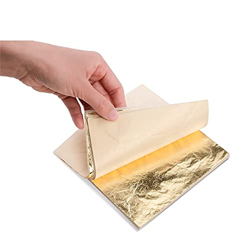 KraftiSky Gold Leaf Sheets - 100 Gold Foil Sheets - 14 x 14 cm Multipurpose Gold Leaf for Nails, Art & DIY Projects, Picture Frames, Home Walls, KraftiSky
