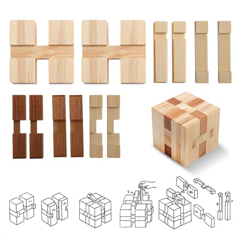 4 Pack Wooden Puzzle Games Brain Teasers Toy- 3D Puzzles for Teens and Adults - Wooden Logic Puzzle Wood Snake Cube Magic Cube Magic Ball Brain Rich Boxer