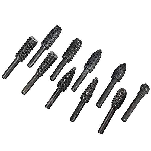 Eyech 10pc 1/8''(3mm) Shank Carbon Steel Rotary Burr Rasp Set Wood Carving File Rasp Drill Bits for DIY Woodworking Wood Carving Polishing Grinding Eyech