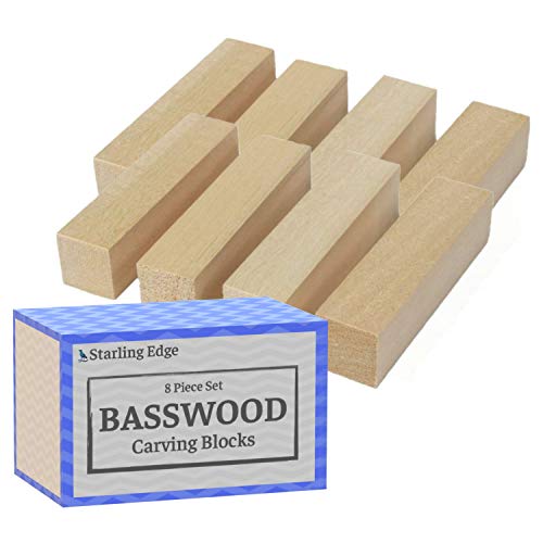 Basswood Blocks for Carving (8 Pieces - 1 1/4" x 1 1/4" x 5") - Wood Carving Kit with Unfinished Whittling Wood Blank Blocks STARLING EDGE
