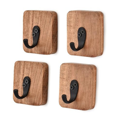 Samhita Robe & Towel Hooks Acacia Wood Natural 4 PCS Wall Mounted Rustic Decorative Robe and Towel Hooks for Hanging Coat, Towel, Keys, Hat,