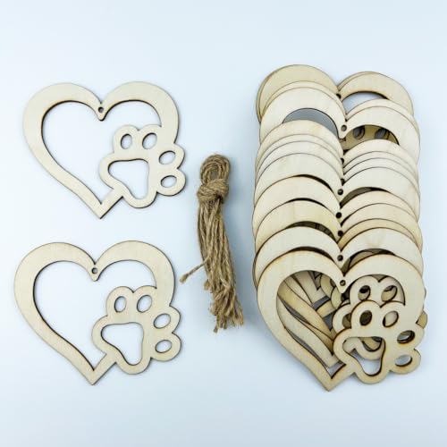 30pcs Dog Paw Heart Wood DIY Crafts Cutouts Wooden Cat Claw Heart Shaped Hanging Ornaments for DIY Projects Dog Pets Themed Party Decorations JEKEJIAJIU