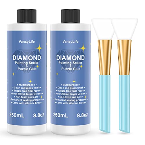 VansyLife Updated Diamond Painting Sealer 2 Pack 500ML with Silicone Brush, 5D Diamond Painting Glue Accessories Permanent Hold & Shine Effect for VansyLife
