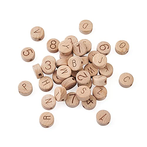 Pandahall 72pcs Wooden Alphabet Number Beads Set Unfinished Beech Flat Round Loose Spacer Beads for DIY Crafts Jewelry Making Personalized Name ID PH PandaHall