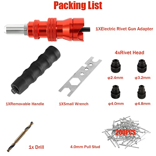 POWLAB Professional Rivet Gun Adapter Kit - Cordless Riveting Drill Tool with 4 Rivet Heads & 200 Blind Rivets - Easy Processing for Pop Rivets - POWLAB