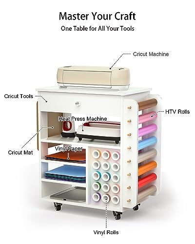 Rolling Craft Cart and Storage Table for Cricut - VDamu Vinyl Roll Holder and Craft Room Organizer Vdamu
