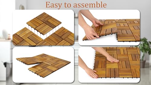 AN68 Pack of 10 Deck Tiles - 12"x12" Interlocking Natural Solid Acacia Wood for Outdoor & Indoor, Patio Garden, Balcony, Poolside - Natural Color AN68