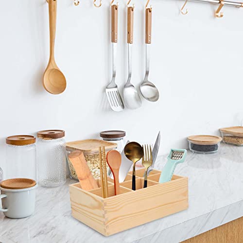 LepoHome Wood Pen Holder, Unfinished Wooden Remote Control Pencil Holder Caddy, Rustic Table Organizer with 6 Compartments for Art Supplies, Pen, LepoHome