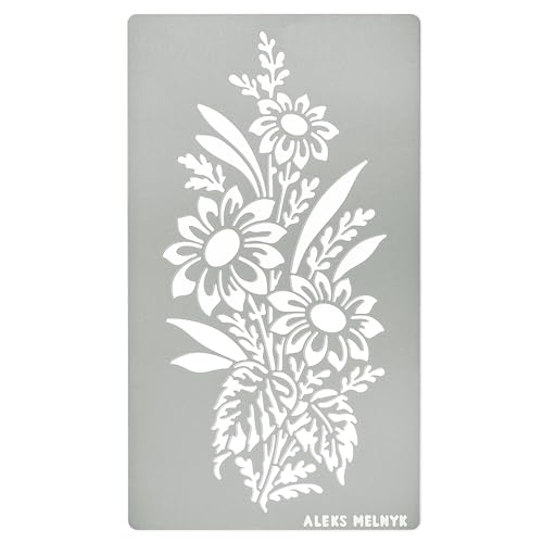 Aleks Melnyk No.273 Metal Stencil, Sunflower in a Bouquet with Wildflowers, Leaf Blossom, Small Stencil, 1 PC, Template for Wood Burning, Engraving, Aleks Melnyk