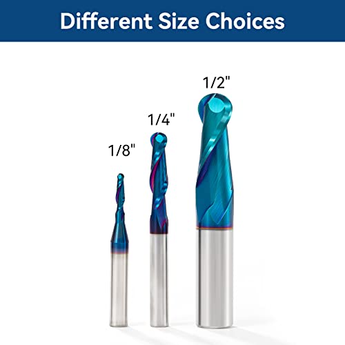 2 PCS CNC Router Bits 1/4inch Shank 1/8inch Cutting Dia Carbide Ball Nose End Mill with Nano Blue Coating for Side Milling End Milling, Finish YOKISHUN
