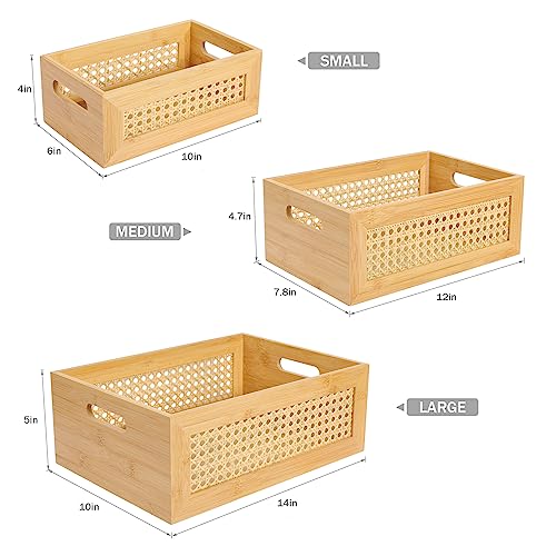 ANMINY 3 PCS Natural Bamboo Storage Bins Set Faux Rattan Frame Wicker Storage Baskets with Handles Sundry Office Drawer Desk Decorative Laundry ANMINY