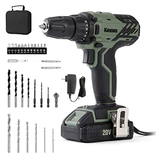 KREBS 20V Cordless Drill Set, Power Drill Kit with 1 Batteries & Fast Charger, 3/8-Inch Keyless Chuck 2 Variable Speed 18+1 Torque Setting and 28pcs KREBS