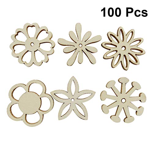 Amosfun 100PCS Wooden Flower Embellishments Patterns Cutouts Wooden Pieces Craft Ornament for DIY Art Amosfun