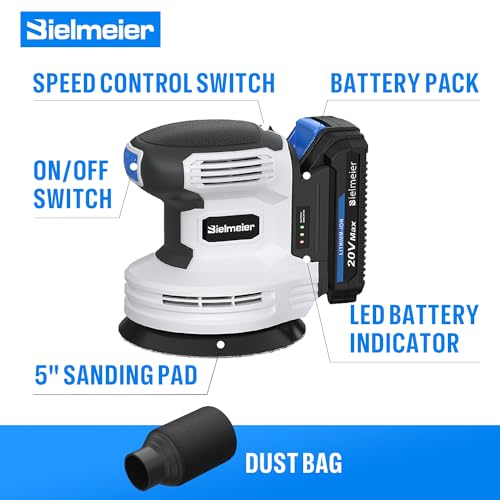 Bielmeier 20V Cordless Random Orbital Sander Kit with 2.0Ah Battery,Fast Charger,6 Variable Speed Electric Hand Sander with 15-Piece Hook & Loop Bielmeier