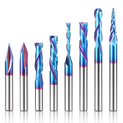 HQMaster CNC Router Bits 1/4 Inch Shank Carving Bit 8 Pcs Set for Wood Detail Profile V Groove Engraving Solid Carbide CNC Router Bit Collection
