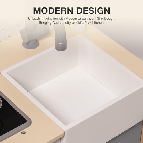 ROBOTIME Wooden Play Kitchen, Kids & Toddlers Kitchen Playset, Kids Play Kitchen Pretend Play Set with Lights & Sounds, Toy Kitchen for Ages 3+ ROBOTIME