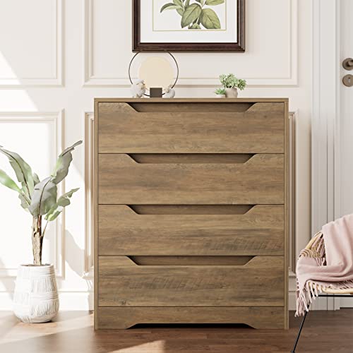 HOSTACK Modern 4 Drawer Dresser, Chest of Drawers with Storage, Wood Storage Chest Organizers with Cut-Out Handles, Accent Storage Cabinet for Living HOSTACK