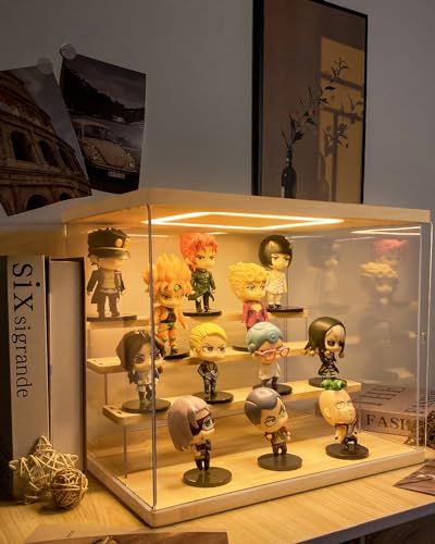 AZEYN Clear Acrylic Display Case with Light , 4 Tier Display Box Stand Assembly Dustproof Protection Showcase for Collectibles Action Figures Mini AZEYN