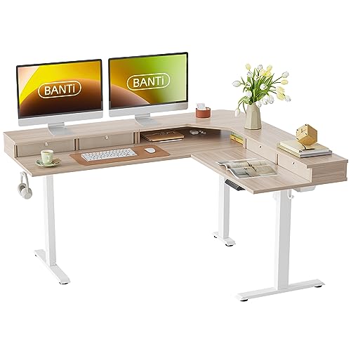 BANTI 63" L-Shaped Electric Standing Desk,Height Adjustable Stand up Desk with 3 Drawer,Corner Stand up Desk, Light Walnut Top BANTI
