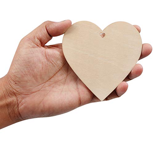 Kurtzy 50 Pack of Wooden Hearts with Natural Twine - 10x10cm / 4x4 Inches Unfinished Wooden Shaped Heart Set with Holes - Decorations for Weddings, Kurtzy