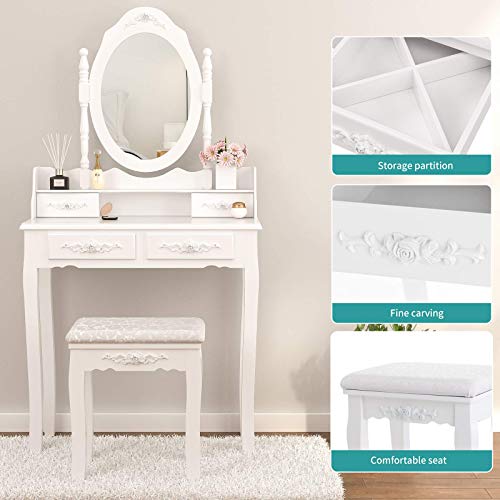 Mecor Vanity Table Set ,Makeup Table with Oval Mirror & Stool, Bedroom Wood Dressing Table with 4 Drawers White mecor