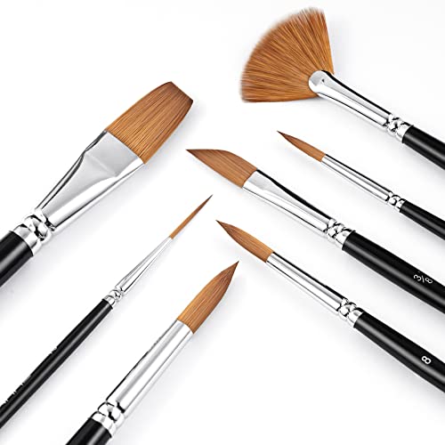 Sable Watercolor Brushes Professional Kolinsky Watercolor Artist Paint Brushes 7pcs, Pointed Rounds, Rigger, Long Flat, Dagger, Fan for Watercolor Fuumuui