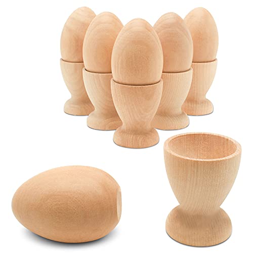Wooden Egg Holder 2-1/8 inch, Pack of 6 Egg Cups Wooden & 6 2-1/2 inch Flat Bottom Eggs in a Cup, Wood Egg Unfinished, by Woodpeckers Woodpeckers