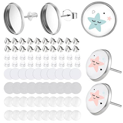300 Pieces Sublimation Blank Stud Earring Kit, 50 Stainless Steel Bezel Blank Stud 50 Clear Glass Cabochon 50 Clear Earring Back 50 Stainless Steel