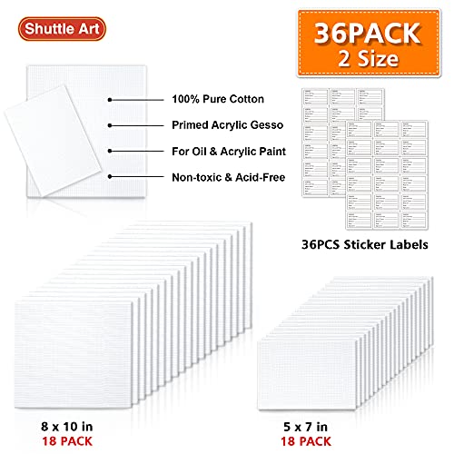 Shuttle Art Painting Canvas Panels, 36 Pack, 5x7, 8x10in (18 of Each), 100% Cotton, Primed White Canvas Boards for Painting, Blank Canvases for Kids, Shuttle Art
