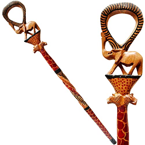 African Wood Decorative Walking Stick (Hand Made in Kenya) (Elephant/Lion Natural) Stoneage Arts Global