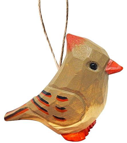 Female Cardinal Red Bird Wood Ornament Hanging Figure Handmade Carved Decoration Selsela