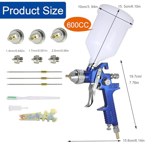 HVLP Spray Gun with Replaceable 1.4mm 1.7mm 2.0mm Nozzles Needle Cap Automotive Air Paint Sprayer Gun Kit with 600cc Capacity Cup for Car Hotorda